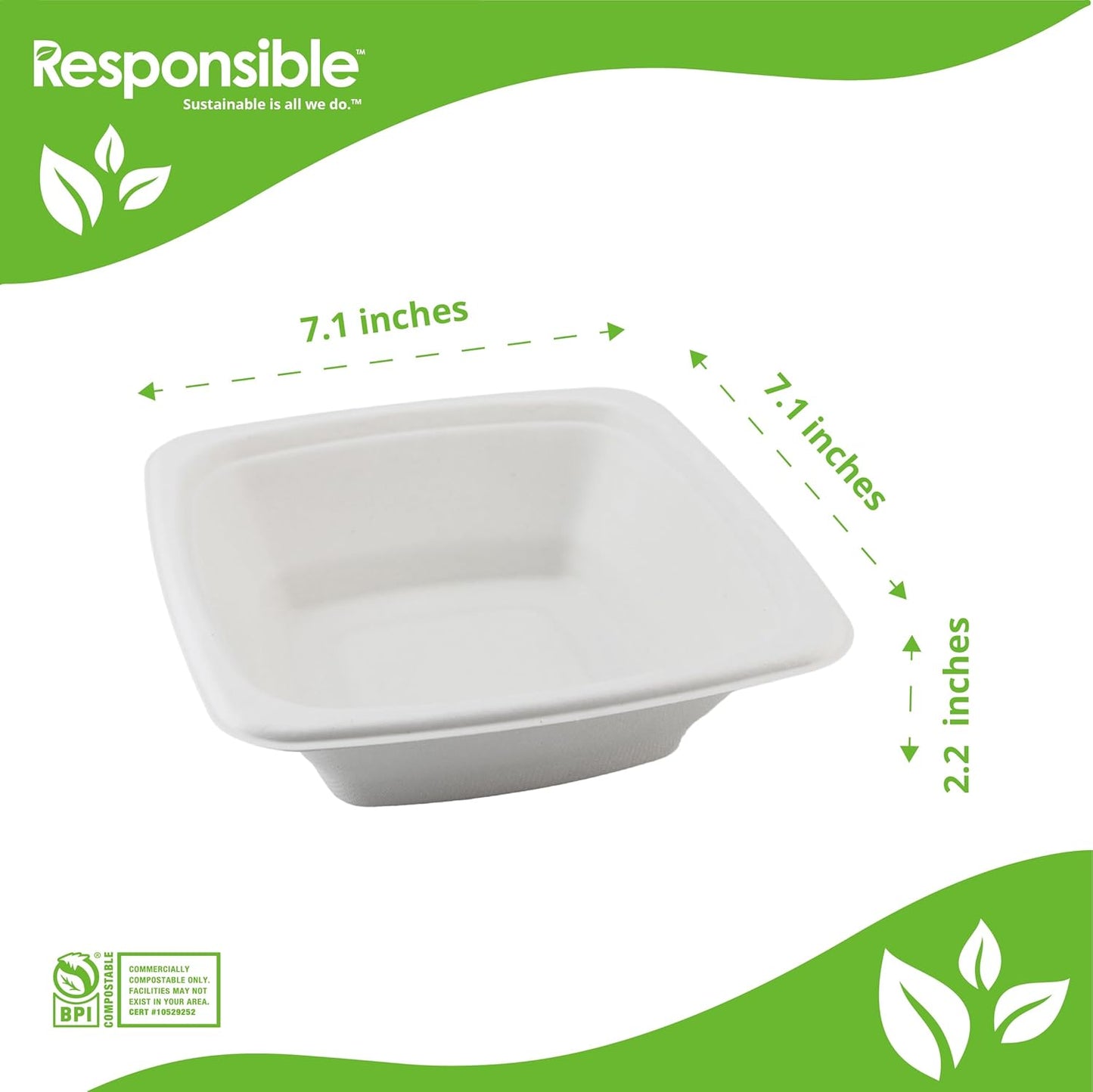 Responsible Products 100% Compostable Square Serving Bowls, 48 oz Disposable Paper Bowls, Microwave Safe, Freezer Safe, Soup Safe, No Plastic, Eco-Friendly, Tree-Free, No PFAS. White (50 Count)