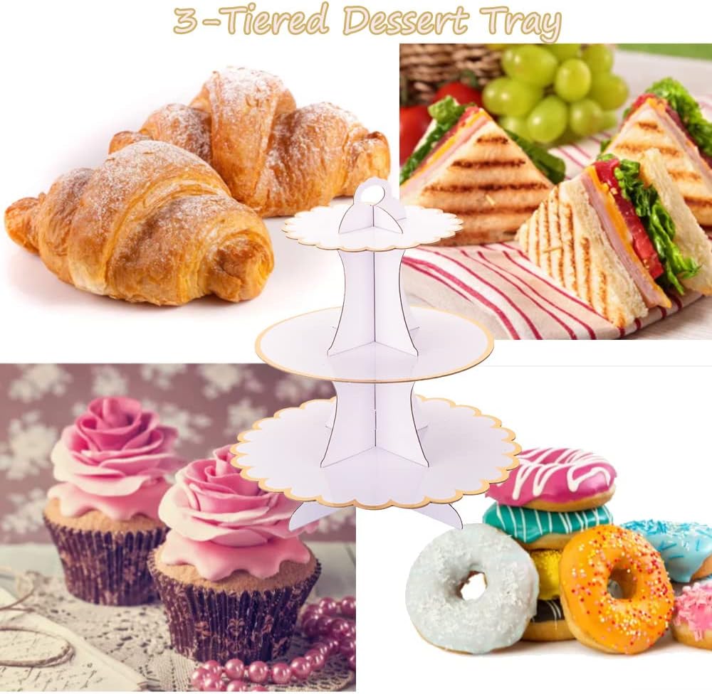 MRPAPA Pink Cardboard Cupcake Stand,2PCS Cup Cake Holder Thick Paper Dessert Tray, 3-Tier Round Serving Tray Perfect for Baby Girls Pink and Gold Birthday Baby Shower Party Supplies