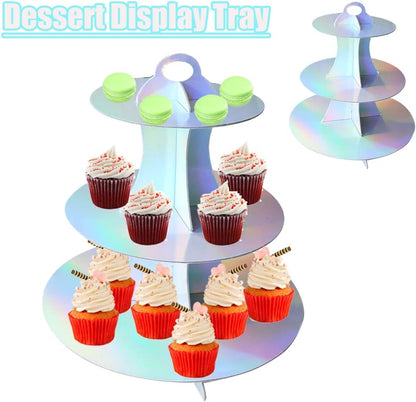 MRPAPA Pink Cardboard Cupcake Stand,2PCS Cup Cake Holder Thick Paper Dessert Tray, 3-Tier Round Serving Tray Perfect for Baby Girls Pink and Gold Birthday Baby Shower Party Supplies