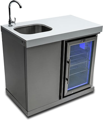 Mont Alpi Bar Series MA-BEVKEG Stainless Steel Outdoor Rated 3 Beer Tap Kegerator Keg Center Dispenser + Beverage Center with Compact Refrigerator + Granite Countertops