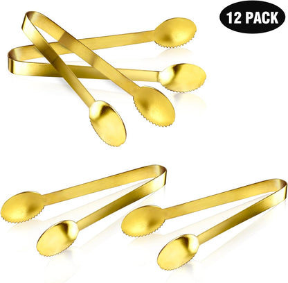 JCREN 12 Pcs Serving Tongs, Small Serving Utensils for Parties Catering Gold Tongs, Food-Grade 304 Stainless Steel Mini Appetizer Tongs for Tea Party Coffee Bar, 4 Inches - Gold