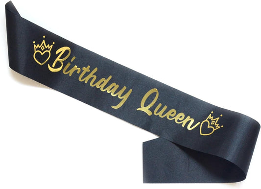 Luwigs Birthday Queen Sash Black Satin with Gold Foli Letter Happy Birthday Sash Gifts for Women and Girls Party Decorations Supplies (Black)