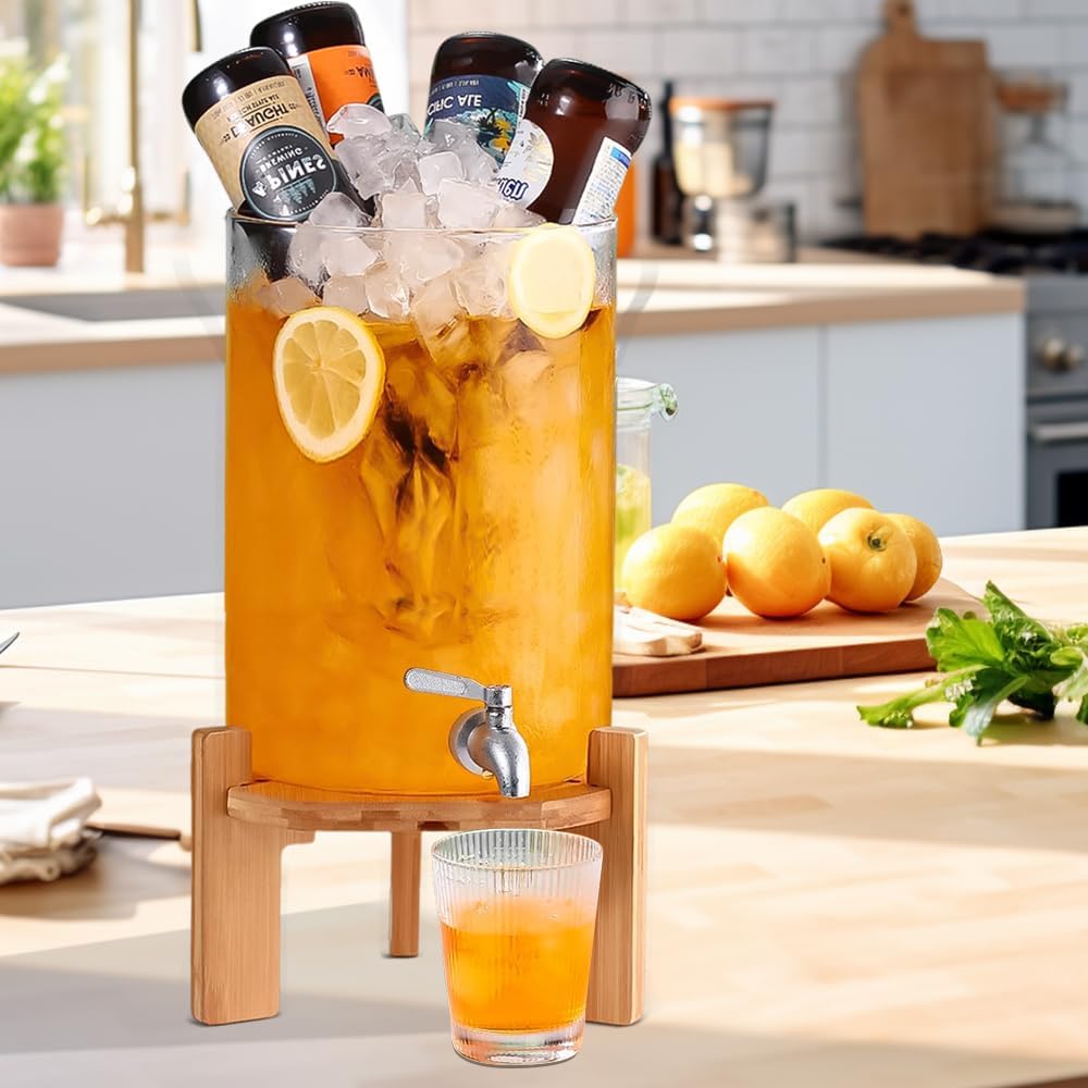 Beverage Dispenser, 1.5 Gallon Glass Drink Dispenser with Stand, Glass water dispenser with Spigot, Large Drink Dispensers for Parties,Bars,Restaurants, 5L