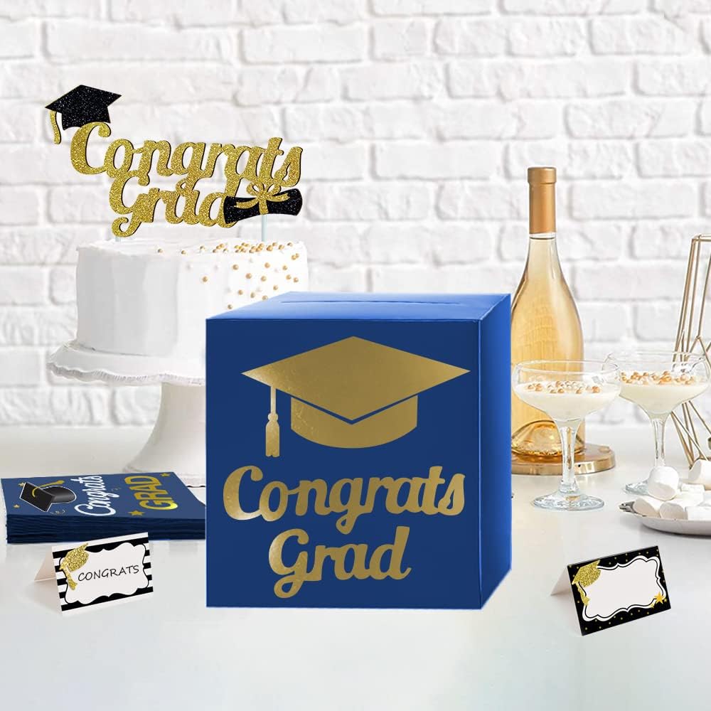 Graduation Card Box Holder, Congrats Grad Foldable Cardboard Decorations Box for Graduation Party Decoration and Grad Parties (Black)