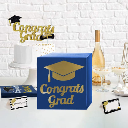 Graduation Card Box Holder, Congrats Grad Foldable Cardboard Decorations Box for Graduation Party Decoration and Grad Parties (Black)