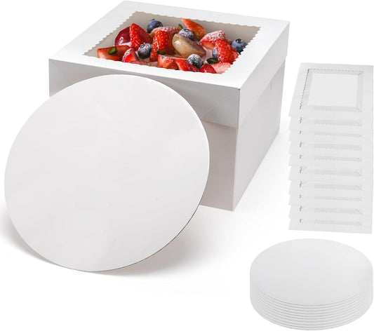 15Pcs 12x12x8 Inch Tall Cake Boxes with Clear Window & Cake Boards - Sturdy White Bakery Boxes with Scalloped Edge for Layer, Wedding, Birthday Cakes - Secure Transport for Professional & Home Bakers