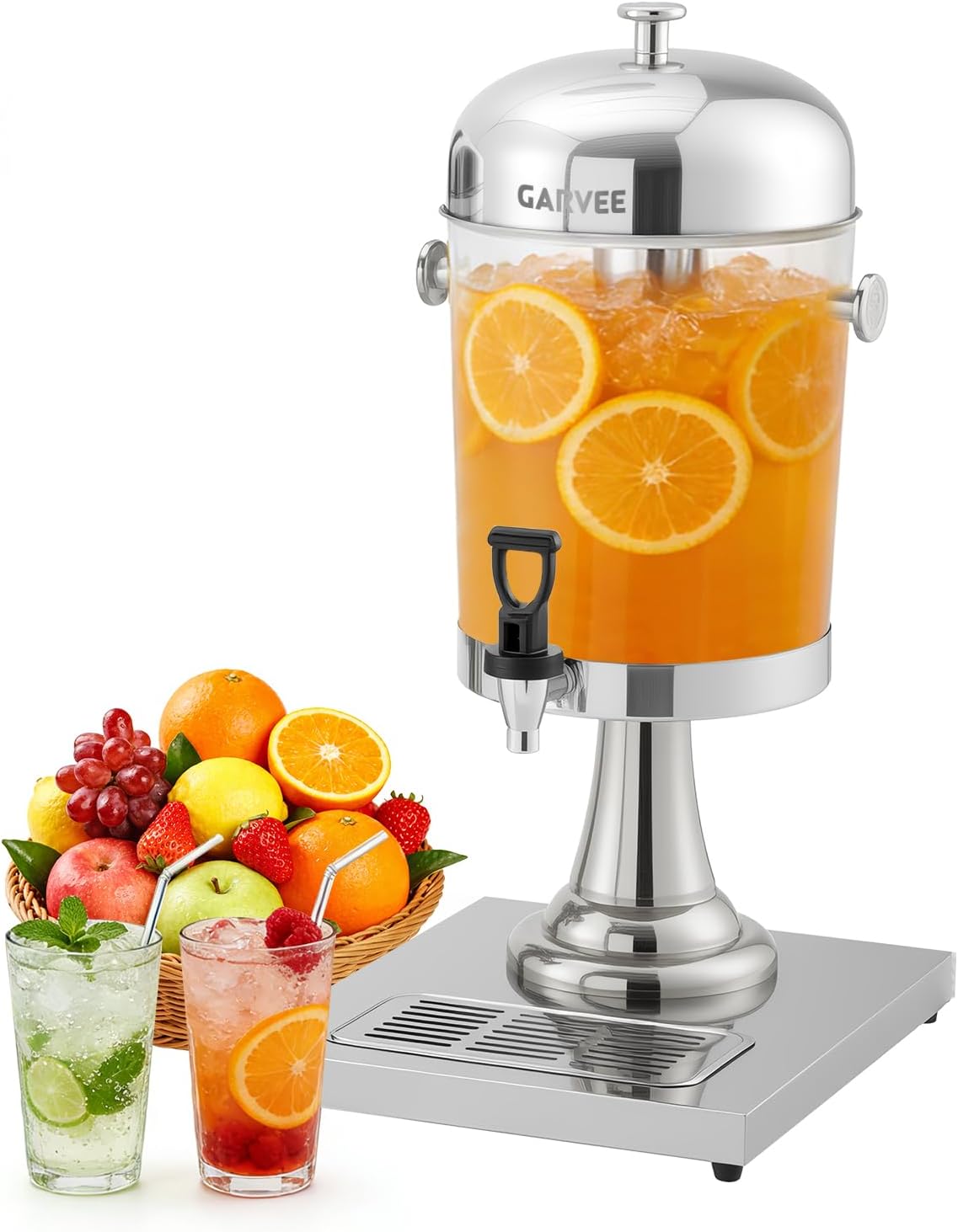 GarveeHome 2.2 Gallon Beverage Dispenser with Ice Core, Stainless Steel Cold Drink Dispenser with Stand, Spigot & Drip Tray for Lemonade, Iced Tea, Juice, Parties, Weddings & Events
