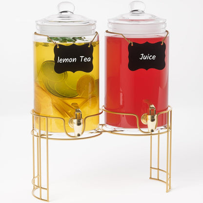 Glass Drink Dispensers For Parties, 2 PACK 1 Gallon Beverage Dispenser With Wooden Lids, Metal Stand And Spigot 100% Leak proof. Lemonade Dispenser With Chalk board