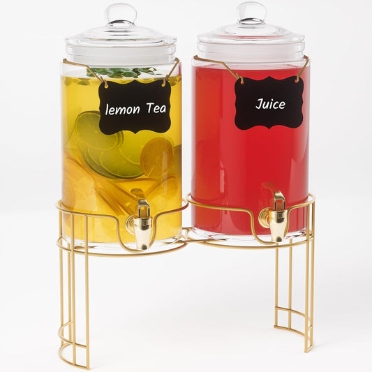 Glass Drink Dispensers For Parties, 2 PACK 1 Gallon Beverage Dispenser With Wooden Lids, Metal Stand And Spigot 100% Leak proof. Lemonade Dispenser With Chalk board