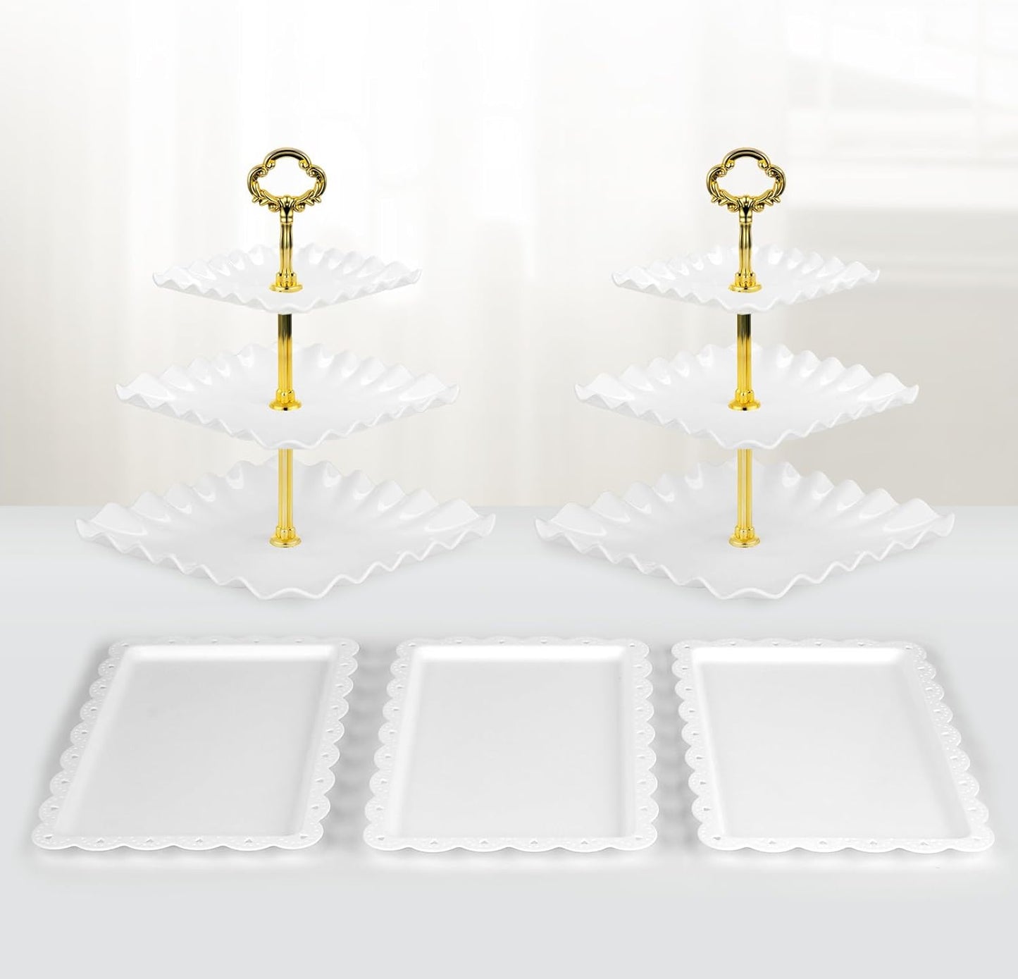 NWK 5 Piece Cake Stand Set with 2 x Large 3-Tier Cupcake Stands, 3 x Appetizer Trays, for Wedding Birthday Baby Shower Tea Party Decorations (White)