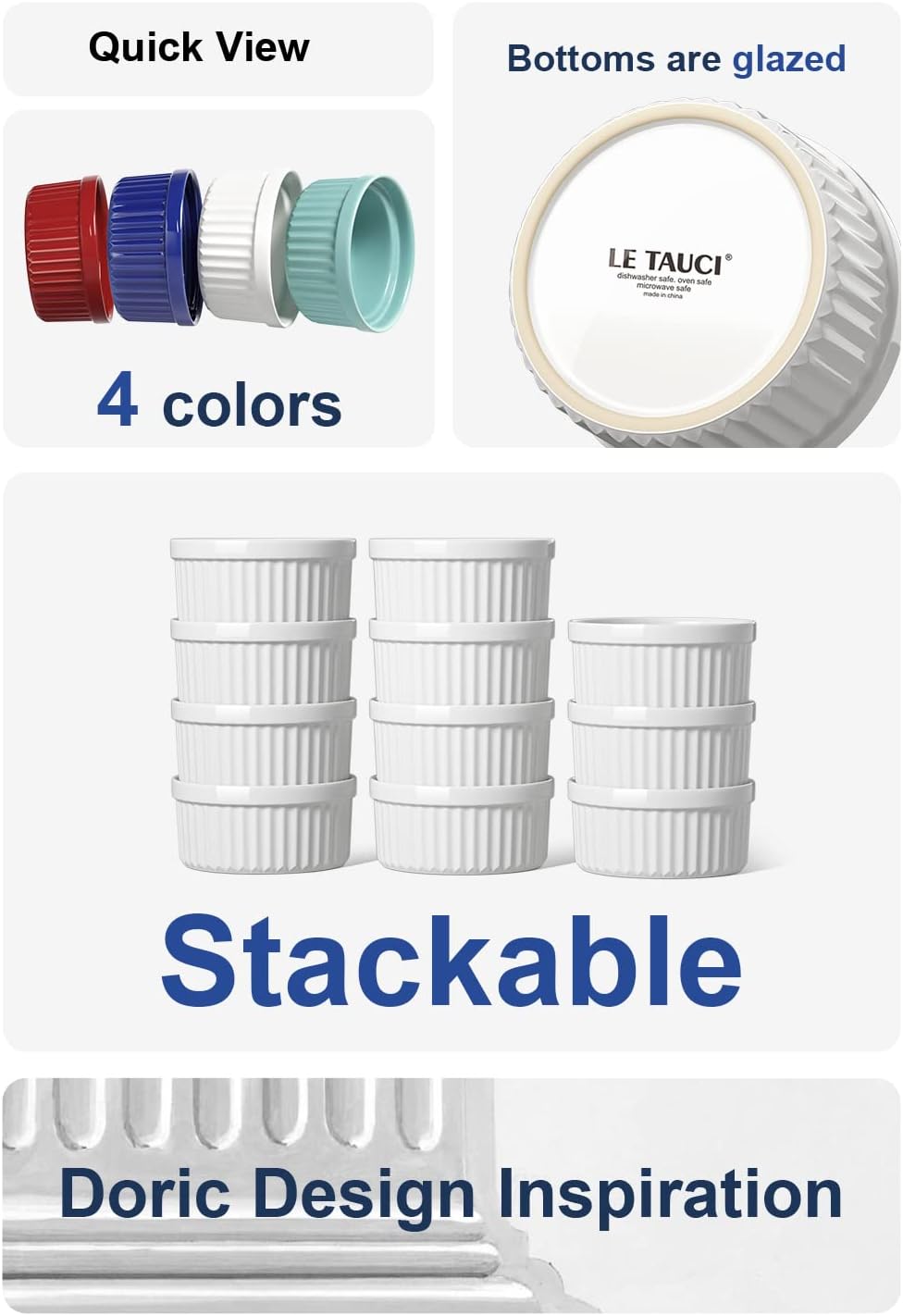 LE TAUCI Ramekins 4 OZ Oven Safe, Creme Brulee Ramekins, Pudding Custard Cups Souffle Ramiken, Dipping Sauce Dishes, Ceramic Ramekin Bowls Set of 6, White