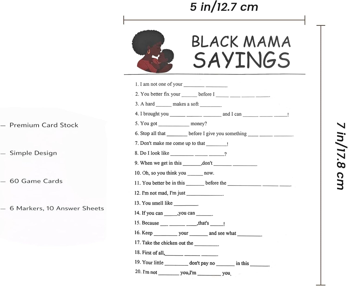 Black Mama Sayings Party Game Cards – 70 Pack Adult Icebreaker Set with Answer Keys & Markers, 5x7 Fill-in-the-Blank Maternal Wisdom Game, Cultural Humor Stationery for Adult Celebrations