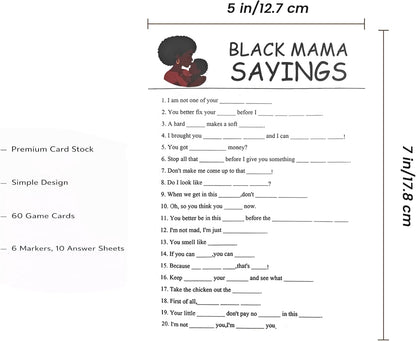 Black Mama Sayings Party Game Cards – 70 Pack Adult Icebreaker Set with Answer Keys & Markers, 5x7 Fill-in-the-Blank Maternal Wisdom Game, Cultural Humor Stationery for Adult Celebrations
