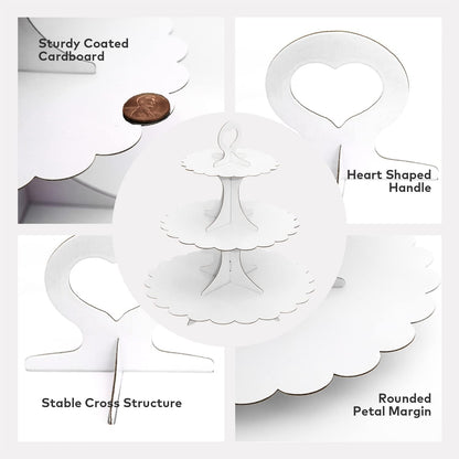White Cupcake Stand Tower, 3-Tier Cardboard Dessert Display with Heart Handle,Perfect for Birthday Baby Shower Wedding Tea Party Graduation, Easy 60-Second Assembly, Holds 12+Cupcakes (1-Pack)