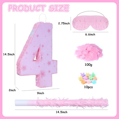 Pink Number 4 Piñata with Pinata Stick & Blindfold for Kids Girls Boys 4th Birthday Party Decorations Carnival Games with Hair Claw Clip Gift (Number 4)