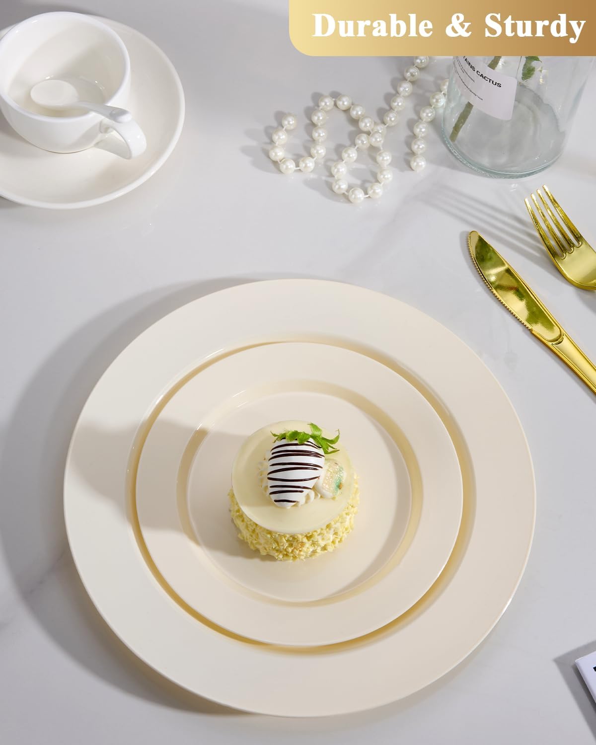 Goodluck 200PCS Gold Plastic Plates, Heavy Duty Disposable Gold Plates with 100 10.25 inch Dinner Plates and 100 7.5 inch Dessert Plates for Party, Holiday, Wedding, Thanksgiving