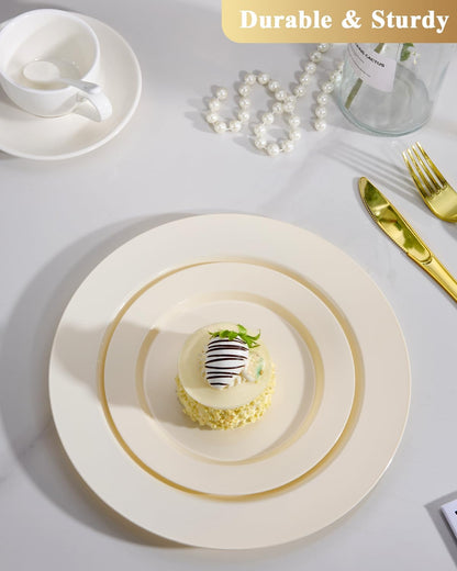 Goodluck 200PCS Gold Plastic Plates, Heavy Duty Disposable Gold Plates with 100 10.25 inch Dinner Plates and 100 7.5 inch Dessert Plates for Party, Holiday, Wedding, Thanksgiving