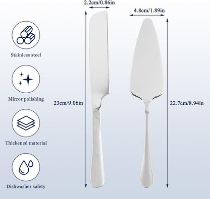 Cake Cutting Set for Wedding, Stainless Steel Cake Knife and Server with Anti-Rust 410 Grade, 2pcs Set for Cake, Pie, Pizza, Silver