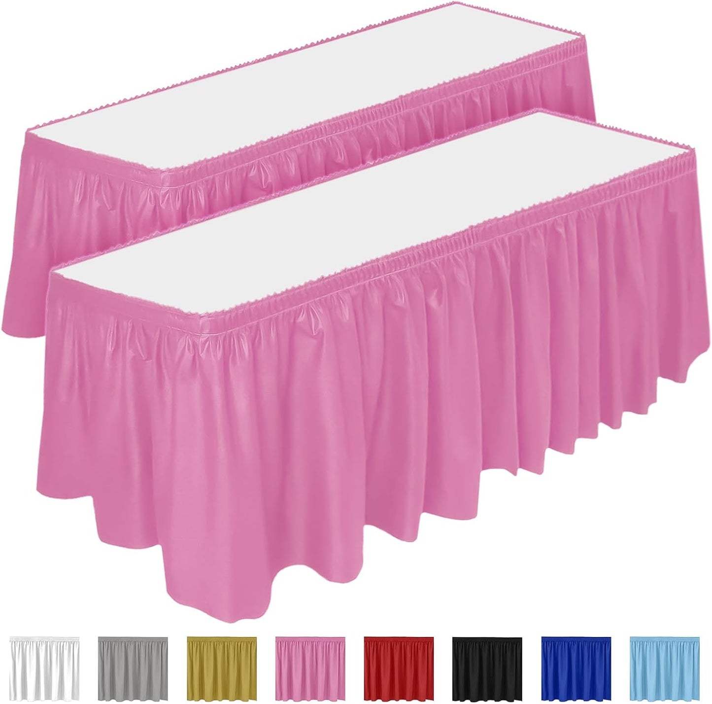 DecorRack 2 Pack Table Skirts, 29 in x 14 ft Each, Multi Pack -BPA Free- Plastic Tableskirt, Disposable, Reusable, Rectangular Tablecloth Skirt, White (2 Pack)