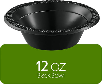 PLASTICPRO 100 PCS Black Plastic Bowls Light Weight 12 oz Plastic Soup Bowls Black Salad Plates Disposable for Party and Wedding