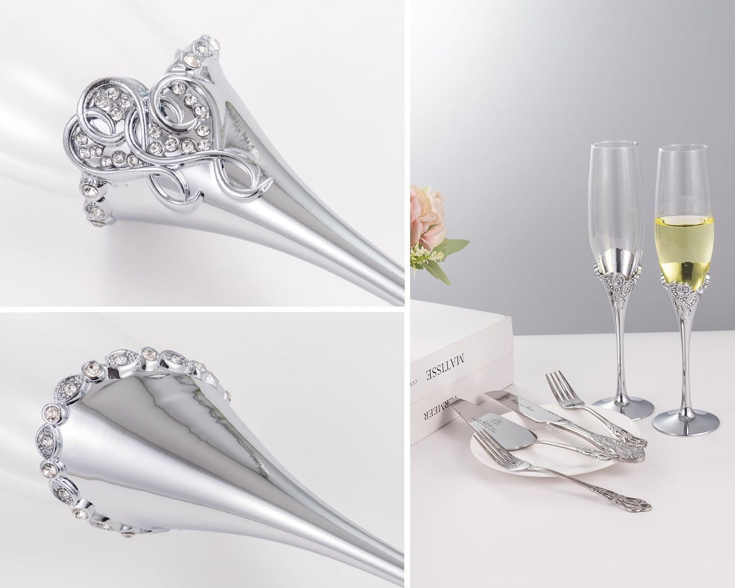 Wedding Cake Knife and Server Set, Mr and Mrs Champagne Flutes with Gold Cake Cutting Set for Wedding Bridal Shower Gifts