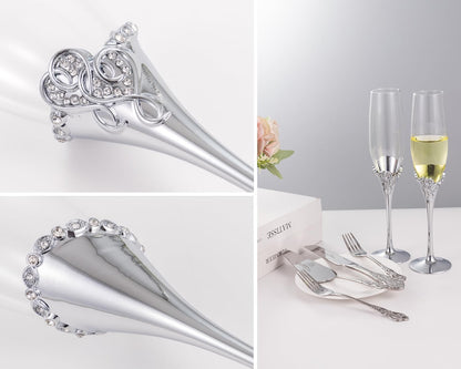 Wedding Cake Knife and Server Set, Mr and Mrs Champagne Flutes with Gold Cake Cutting Set for Wedding Bridal Shower Gifts