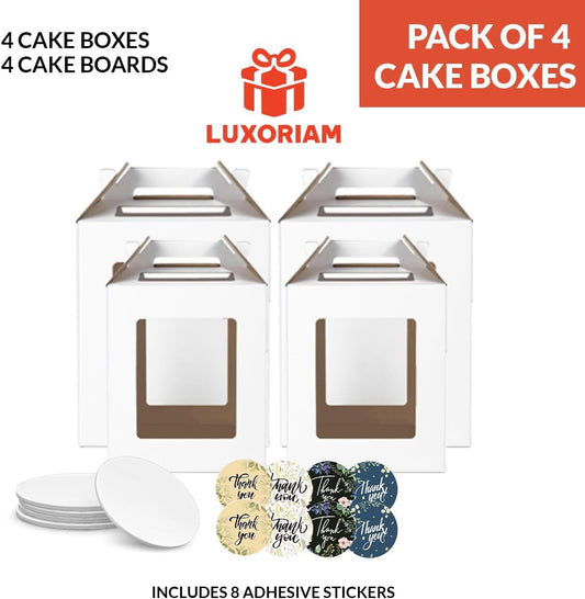 4 Pack Tall Cake Boxes 12x12x14 & 10x10x12 Inches with Cake Board - Large Disposable Layer Baking Carrier Tier Bakery Take Out Transport Containers With Window for Wedding, Birthday, Party White