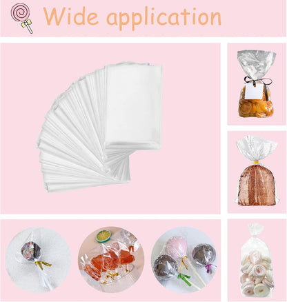 300 PCS Cake Pop Sticks and Wrappers Kit, Including 100ct 4-inch Papery Lollipop Treat Sticks, 100ct Clear Parcel Bags, 100ct Colorful Twist Ties for Cake Pops, Chocolates and Cookies