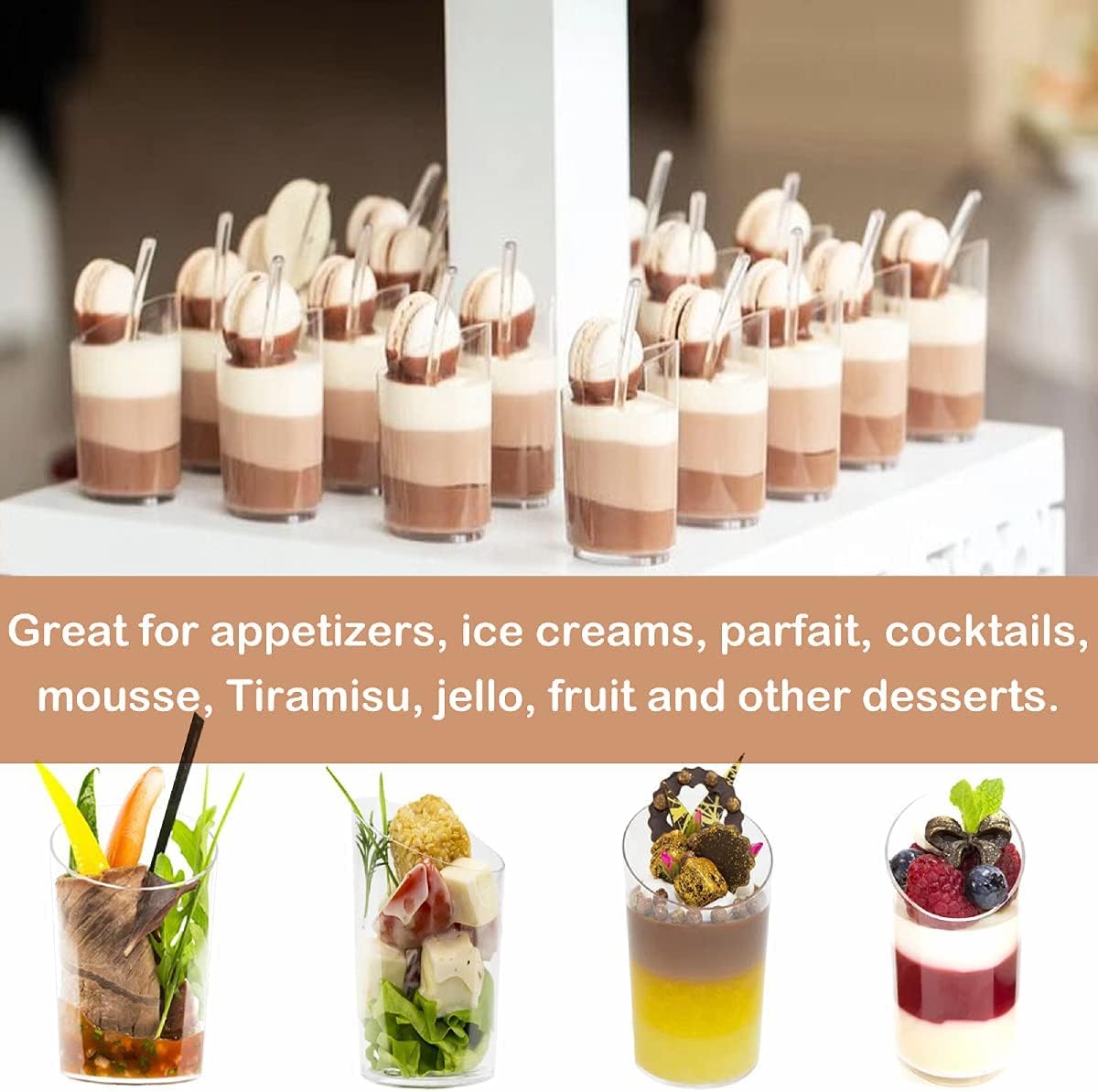 Zezzxu 50 Pack Mini Dessert Cups with Spoons, 2.2 oz Plastic Small Dessert Shotter Cups Slanted Appetizer Cups for Serving Mousse Pudding Triffle