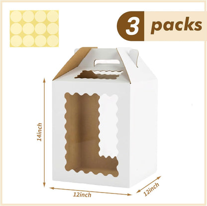 3 Pack 12in Tall Cake Boxes for Tier Cakes, 12x12x14 Inch Tiered Cake Box,Tall Cake Carrier with Window, 10in 12in Large Tierd Bakery Take Out Transport Containers with Handle