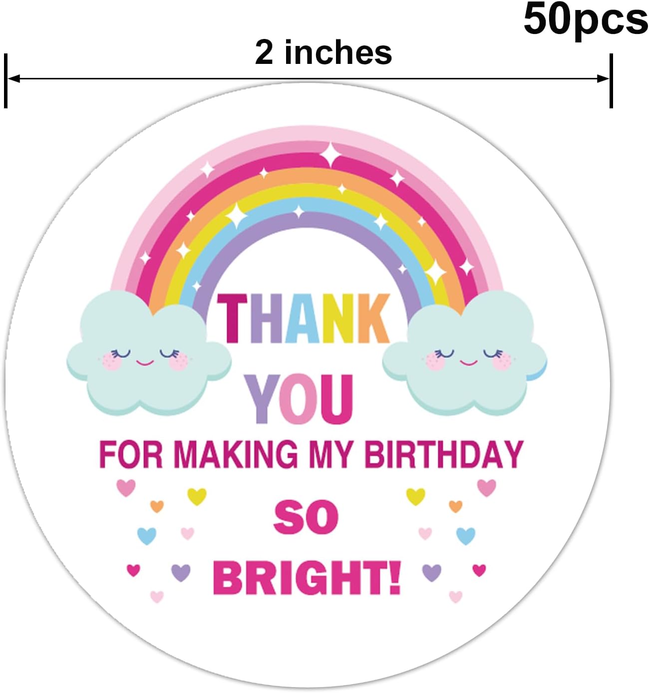Birthday Party Thank You Sticker Labels, Rainbow Favor Stickers - 'Thank You for Making My Birthday So Bright', 2 Inch, 50 Pack