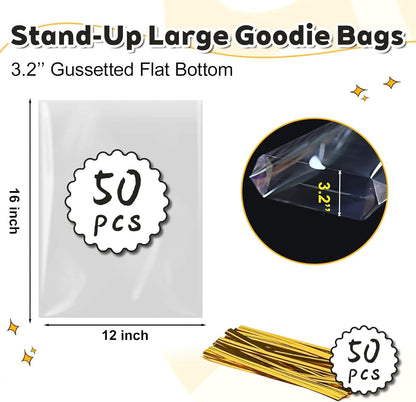 PigPotParty Cellophane Treat Bags 6x9 Inch, 50 Pack Clear Goodie Bags with Bottom Gusset for Stand-Up Display, Small Plastic Gift Wrap for Cookies, Candy, Party Favors, Popcorn, Includes 50 Gold Ties