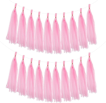 MECCANIXITY 20Pcs Tassel Garland Banner Tissue Paper for Streamers Party Decorations, Valentine's Day Birthday Decor for Women with Rope and Tie Wire (Pink, 14.6Inch)