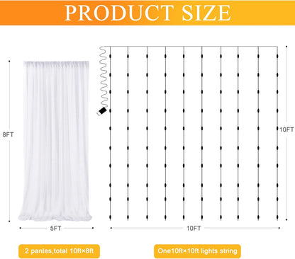 Fomcet Tulle Backdrop Curtains with Lights String White 10FT X 8FT Sheer Curtain with Lights Tulle Curtains Backdrop for Wedding Birthday Party Baby Shower Photo Shoot (2 Panels 5x8FT)