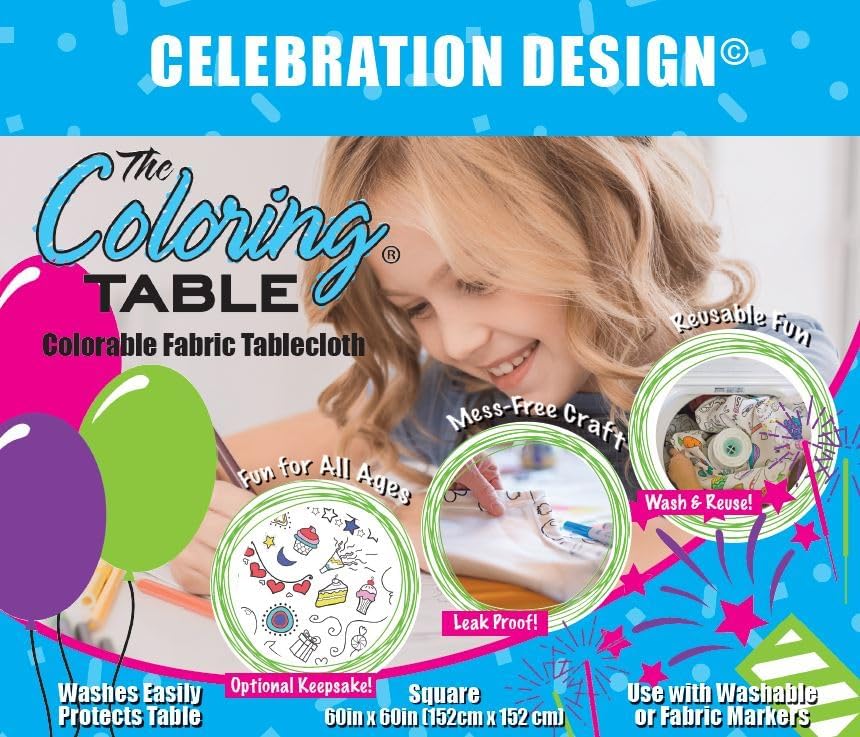 Animal Fun Design – Square Tablecloth 60”X60” – Interactive Coloring Tablecloth for Kids - Poly/Cotton Fabric – Washable and Reusable – DIY Activity for Children and Adults