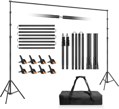 Backdrop Stand 10x7ft(WxH), Photo Studio Adjustable Background Stand Support System Kit with 8 Crossbars, 8 Clamps and Carrying Bag for Parties, Wedding, Photography, Decoration