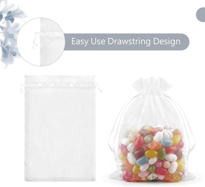 FUNFERY 100 Pcs White Organza Bags 3x4 in, Small Mesh Drawstring Gift Bags for Sachet, Jewelry, Wedding Favor, Candy Goodie Treat Bag,Easter Day