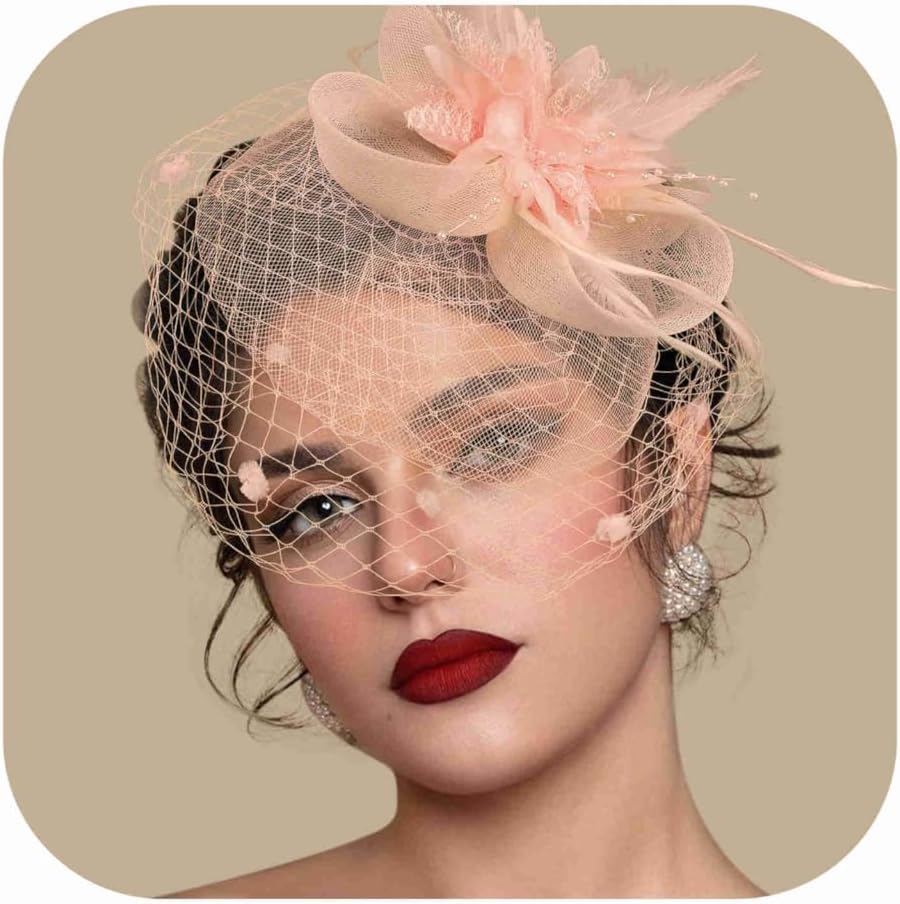 Fascinators Hats for Women Tea Party Hat Feather Mesh Headband Vintage Lace Cocktail Headwear Veil Hair Clip Church