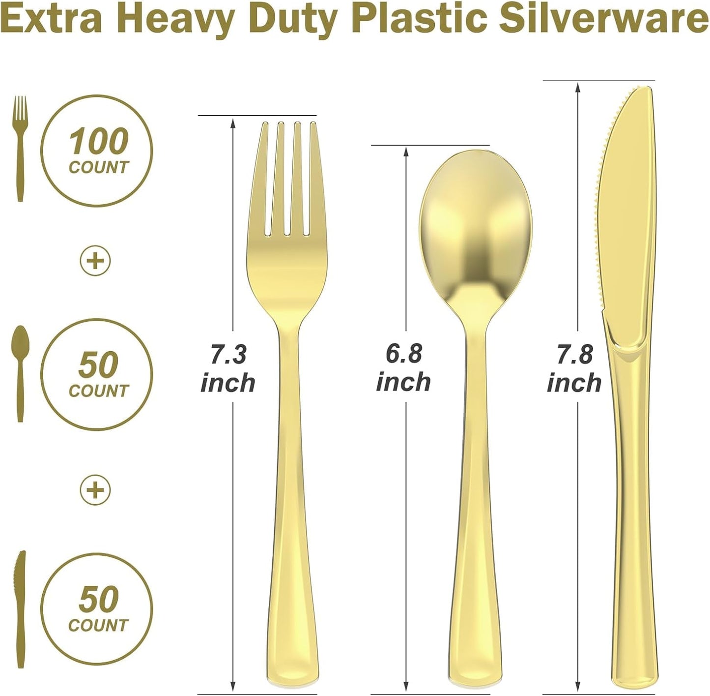 Dealusy 200 Count Heavy Duty Gold Plastic Silverware, 100 Forks, 50 Spoons, 50 Knives, BPA-Free, Heat Resistant, Disposable Plastic Utensils Set Cutlery Set, Plasticware Bulk