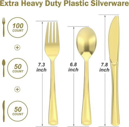 Dealusy 200 Count Heavy Duty Gold Plastic Silverware, 100 Forks, 50 Spoons, 50 Knives, BPA-Free, Heat Resistant, Disposable Plastic Utensils Set Cutlery Set, Plasticware Bulk
