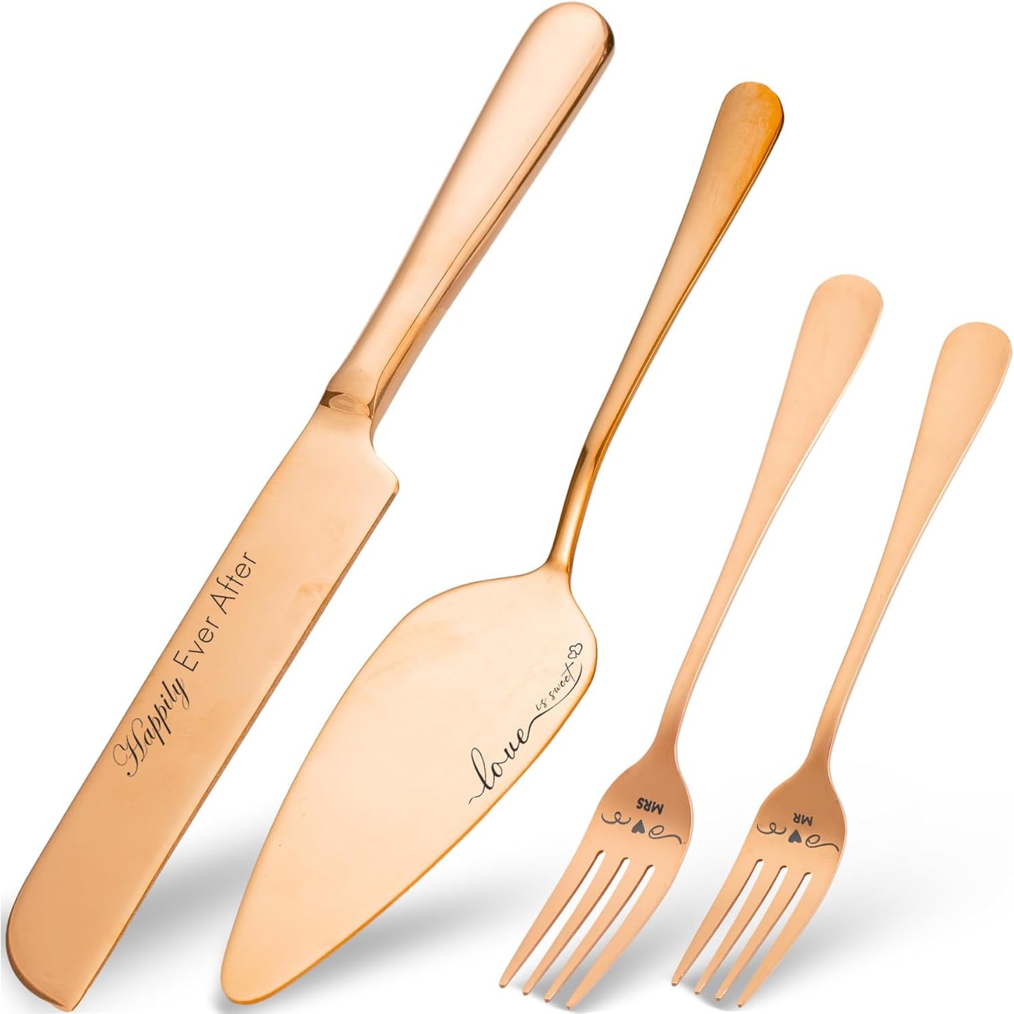 Wedding Cake Knife and Server Set with Forks, Engraved Cake Cutting Set for Wedding Anniversary Christmas Engagement（Gold