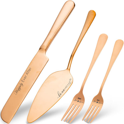 Wedding Cake Knife and Server Set with Forks, Engraved Cake Cutting Set for Wedding Anniversary Christmas Engagement（Gold