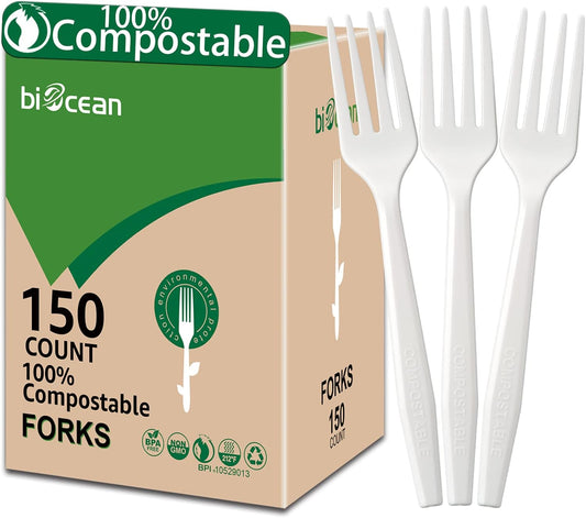 100%Compostable No Plastic Knives Disposable Forks Spoons Plastic Utensils, The Heavyweight Heavy Duty Flatware is Eco Friendly Products for Lounge Party Wedding BBQ Picnic Camping [150 Count]