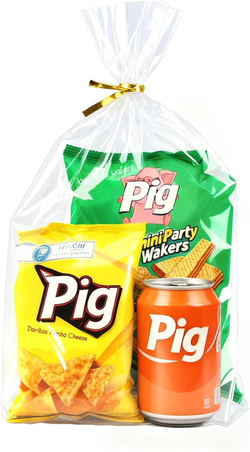 PigPotParty Cellophane Treat Bags 6x9 Inch, 50 Pack Clear Goodie Bags with Bottom Gusset for Stand-Up Display, Small Plastic Gift Wrap for Cookies, Candy, Party Favors, Popcorn, Includes 50 Gold Ties