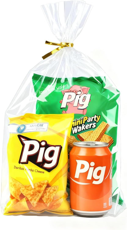 PigPotParty Cellophane Treat Bags 6x9 Inch, 50 Pack Clear Goodie Bags with Bottom Gusset for Stand-Up Display, Small Plastic Gift Wrap for Cookies, Candy, Party Favors, Popcorn, Includes 50 Gold Ties