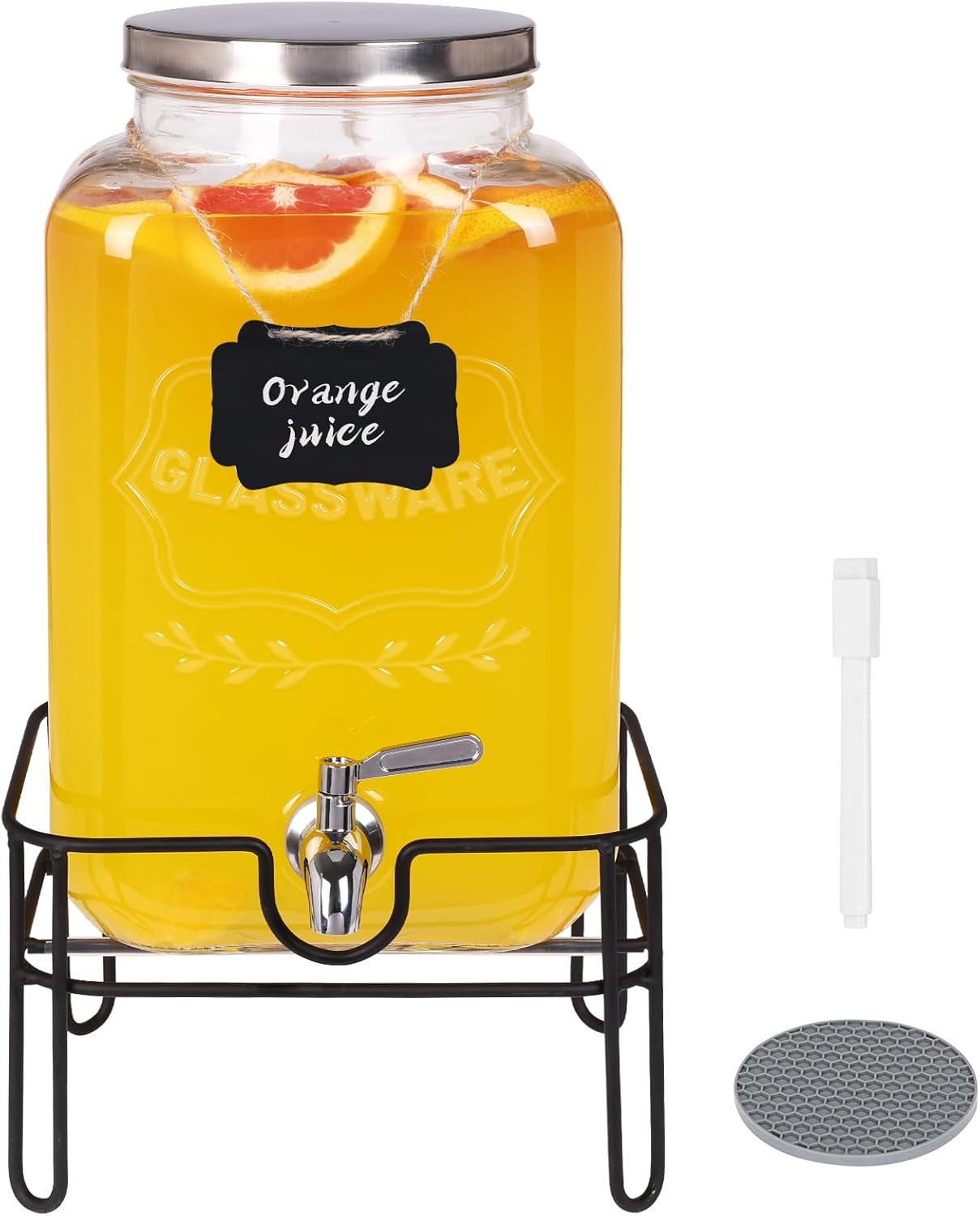 Bululuo Glass Drinks Dispenser for Parties, 2 PACK 1 Gallon Beverage Dispenser with Stand for Juice and Iced Tea, Water Jug Dispenser for Lemonade, Party Essential Beverage Pitcher with Spout