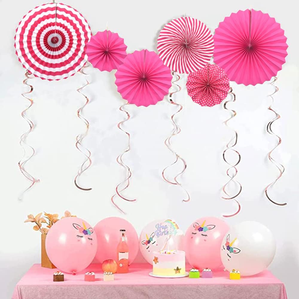 Hocansen 6PCS Paper Fan Garland Paper Fans Party Decorations 8/12/16in Hanging Papers Fans Set Round Papers Fans Pattern Garland for Birthday, Wedding (ZS/Pink)