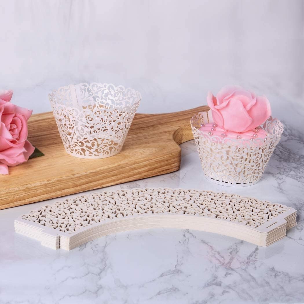 50 Pcs White Pearl Lace Laser Cut Filigree Wedding Cupcake Wrapper Baking Cake Cups Wraps Cupcake Muffin Case Trays for Special Occasions