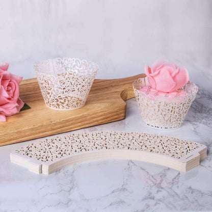 50 Pcs White Pearl Lace Laser Cut Filigree Wedding Cupcake Wrapper Baking Cake Cups Wraps Cupcake Muffin Case Trays for Special Occasions