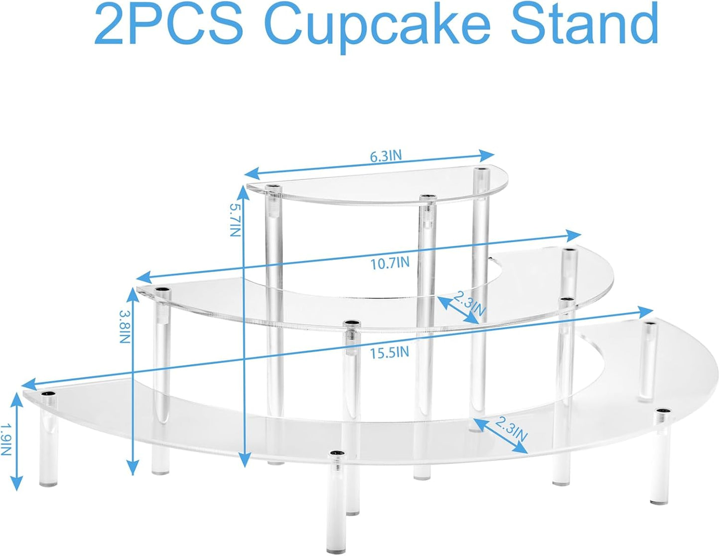 HENABLE Acrylic Display Risers, 3 Tier Clear Cupcake Perfume Stand Organizer, Half Moon Dessert Stand for Display, Food, Amiibo Funko POP Figure (2half